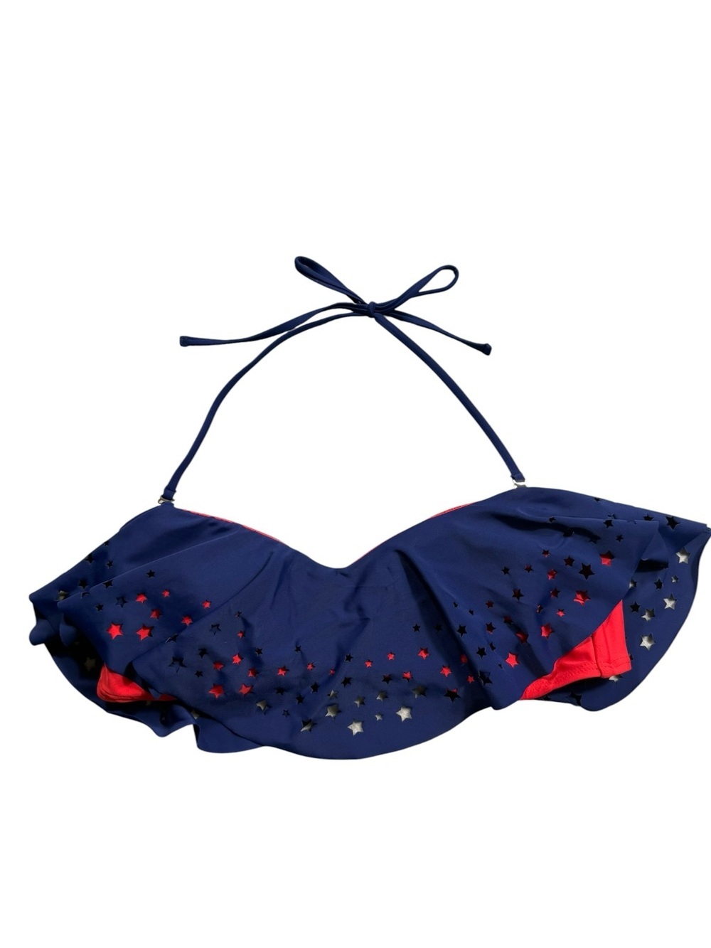 4th of July XL Navy Blue Red Star Cutout Halter Tie Adjustable Ruffle Bikini Top